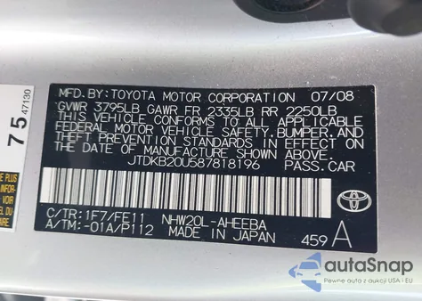 2008 Toyota Prius из США, поврежденный, VIN JTDKB20U587818196